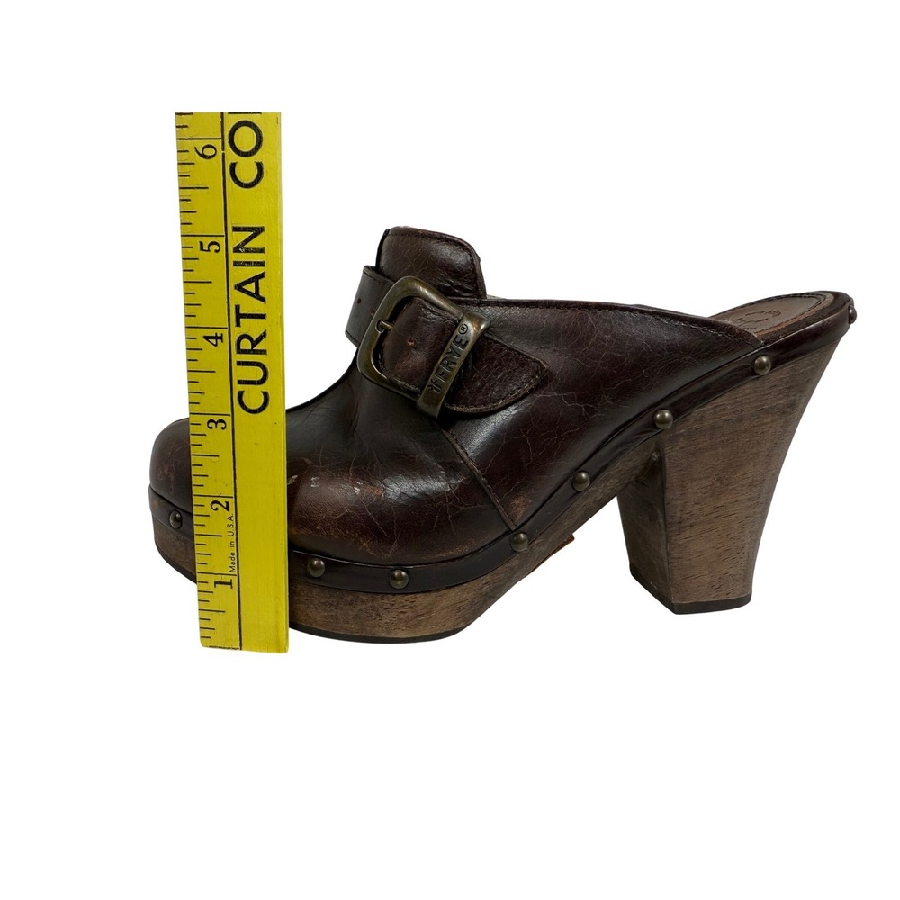 Frye Ella Leather Mule Clogs, Brown, Studded Wooden Platform and Heel, Size 8.5 - Picture 12 of 12